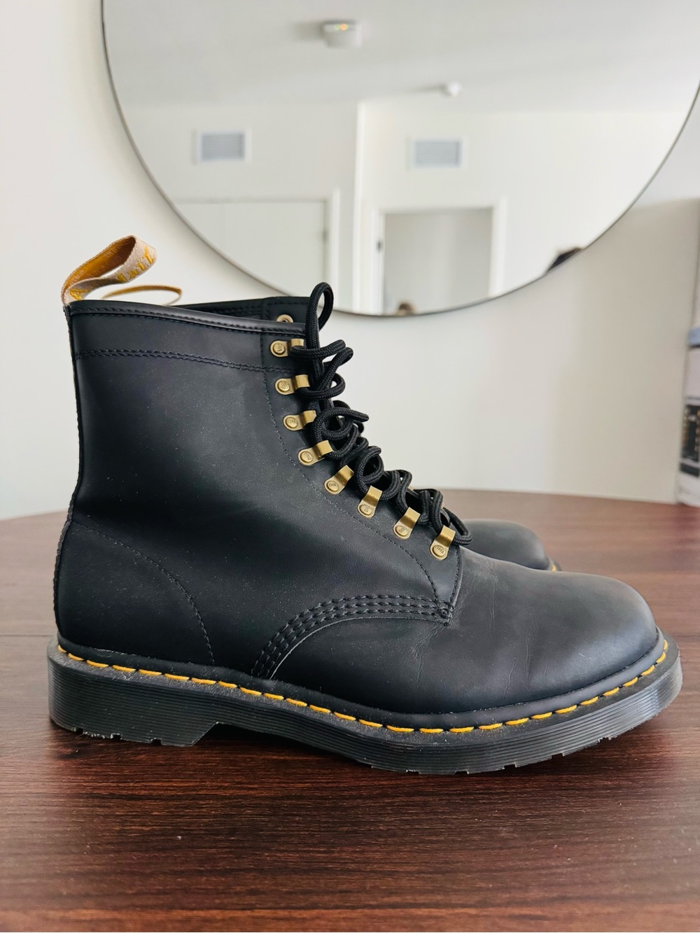 Dr. Martens Black Leather Lace-Up Boots with Yellow Stitching